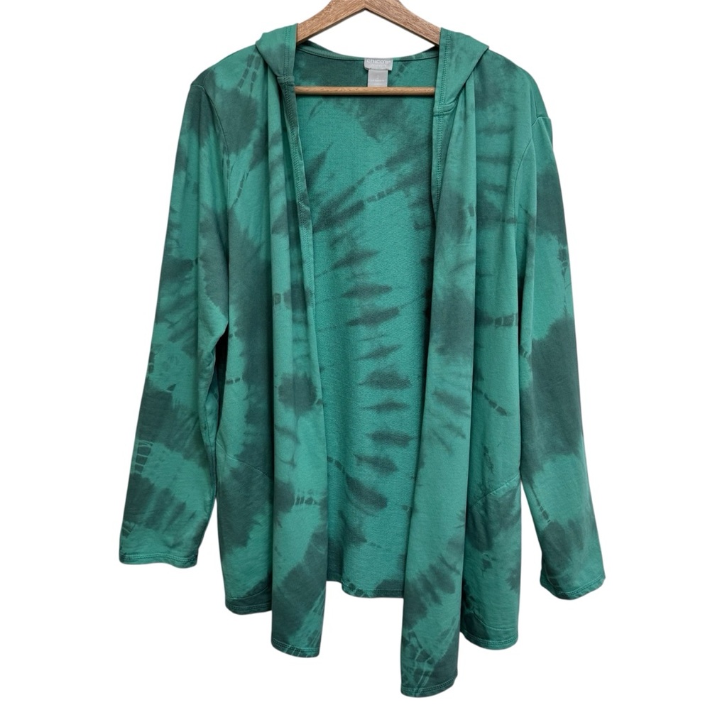 Chico’s Energy Tie Dye Hoodie Sweatshirt Open Front Cardigan Women 12 14 Boho